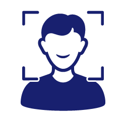 A navy blue icon depicting a person within a camera's viewfinder symbolizing a photoshoot.
