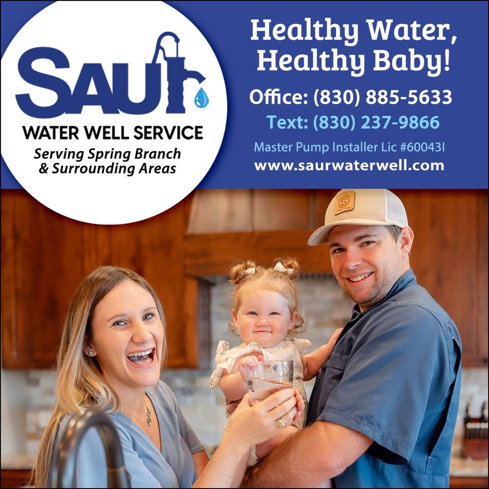 Saur Water Well Service ad featuring a happy family holding a glass of water with text Healthy Water, Healthy Baby.