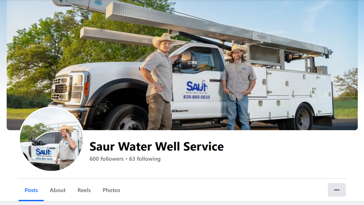 Facebook page of Saur Water Well Service showing two employees standing in front of a branded service truck outdoors.