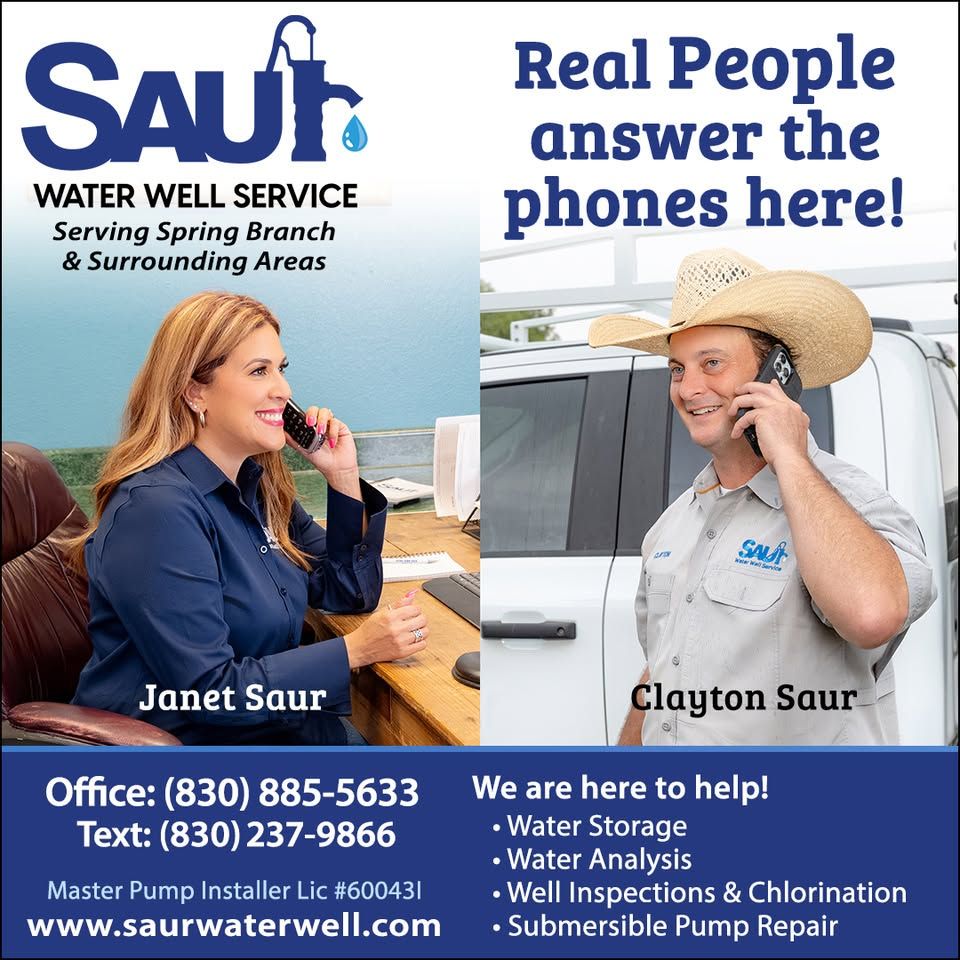 Saur Water Well Service ad featuring Janet and Clayton Saur on phones, offering water storage, analysis, inspections, and pump repair.