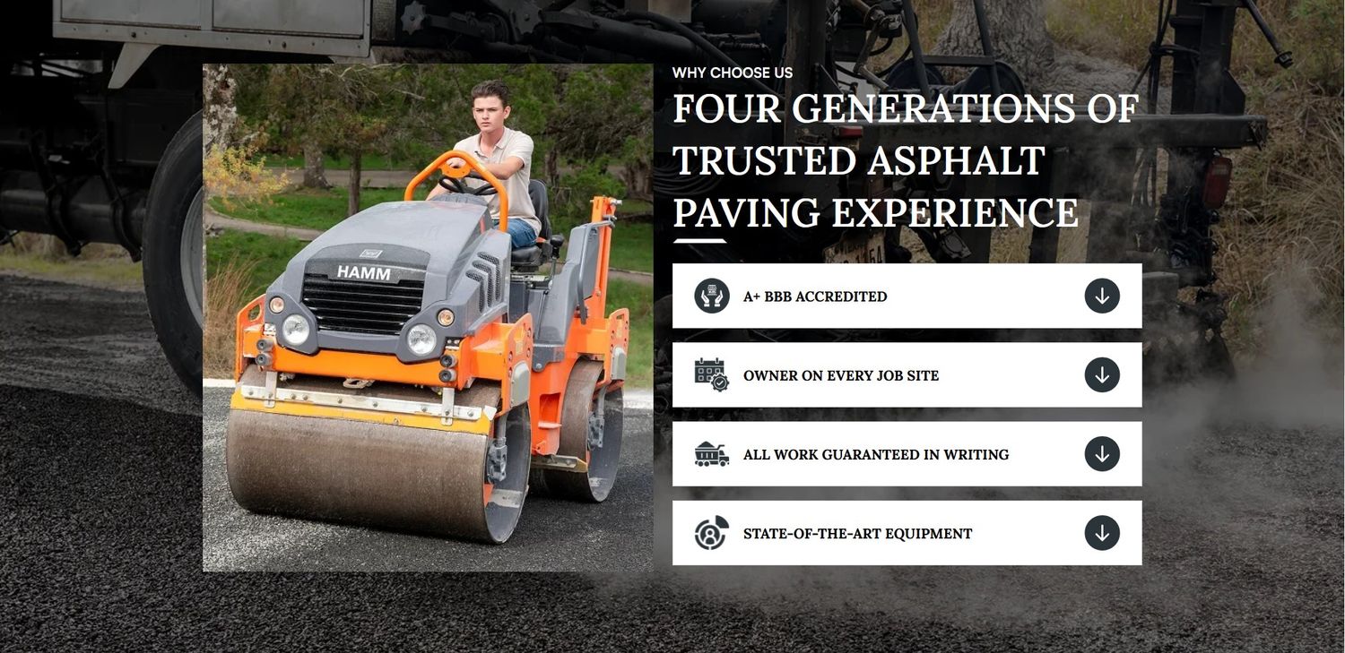 Worker operates a orange asphalt roller on a freshly paved driveway, showcasing four generations of trusted paving experience.
