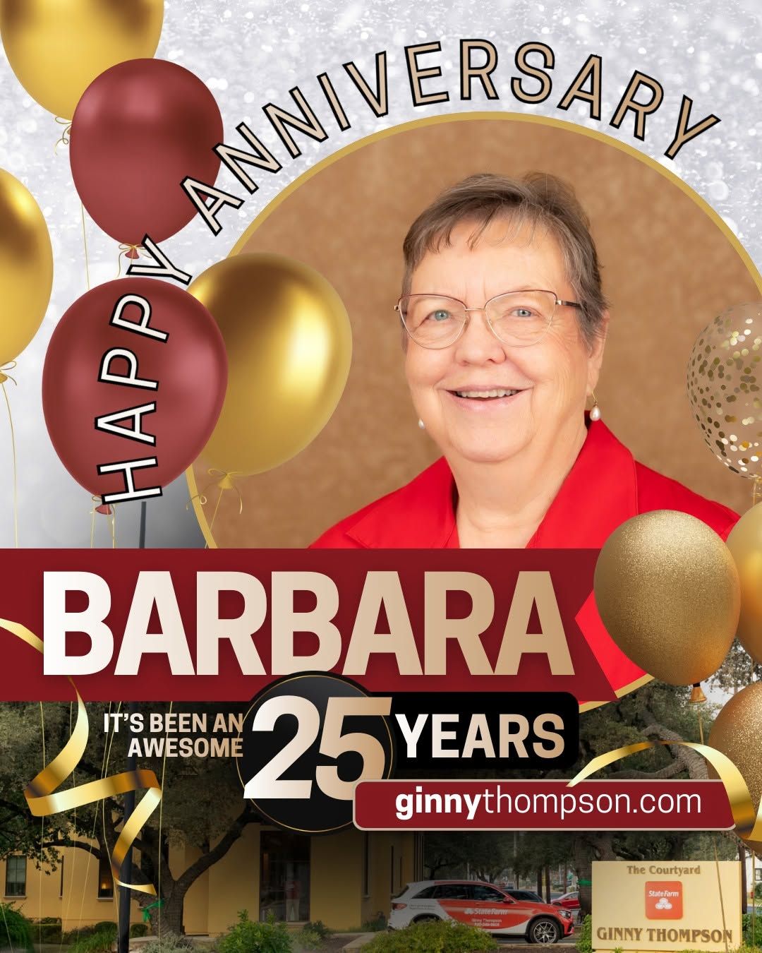 Happy anniversary banner celebrating Barbara's 25 years at Ginny Thompson State Farm agency, with balloons and a smiling woman's photo.