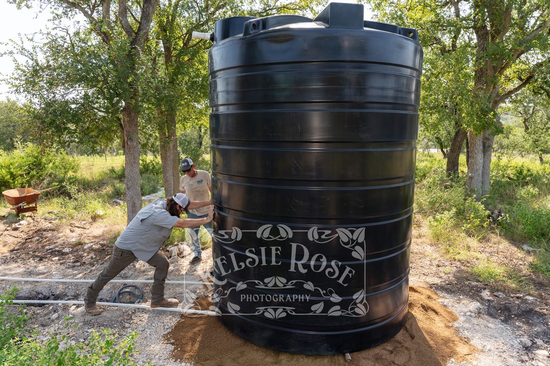 Two male workers installing a large black water storage tank outdoors among trees on a sunny day.