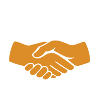 Gold icon of two hands shaking in a warm handshake, representing partnership and agreement.