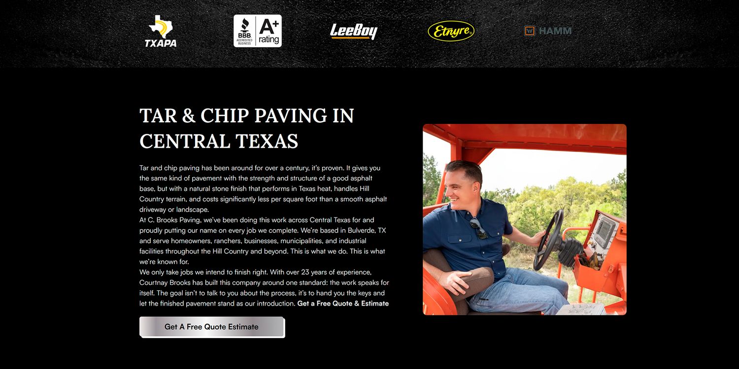 Tar and chip paving service in Central Texas showcasing a professional road surface with company logos.