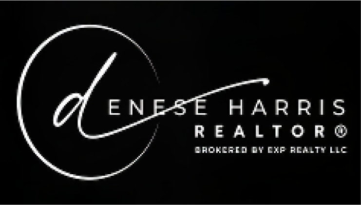 Denese Harris Realtor logo with elegant script on black background, brokered by EXP Realty LLC.