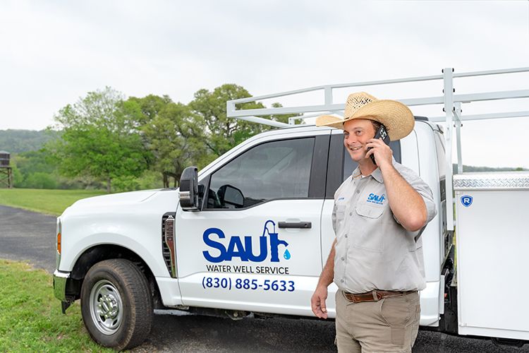 A man in a cowboy hat talks on the phone beside a Saur Water Well Service truck.