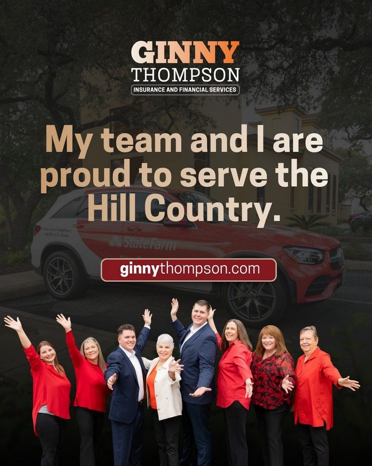 Ginny Thompson Insurance team proudly serving Hill Country, posing in front of a State Farm vehicle.