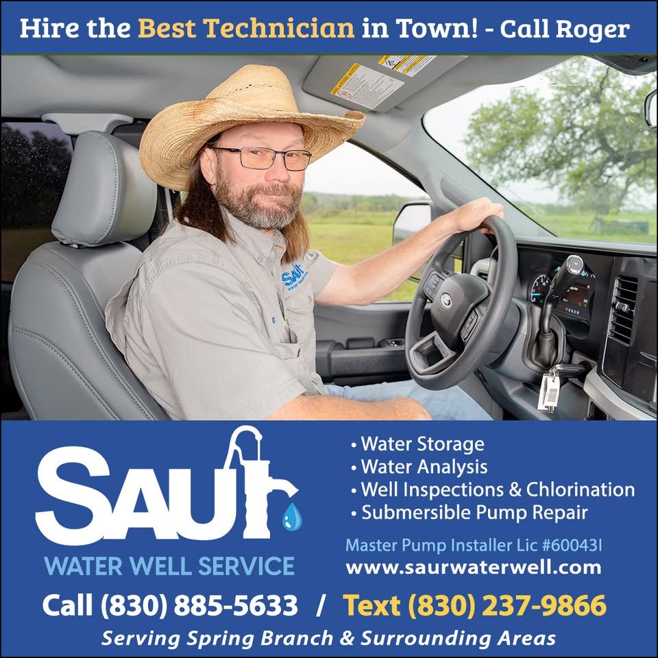 Roger from Saur Water Well Service sits in his truck, offering water storage, analysis, and pump repair in Spring Branch, TX.