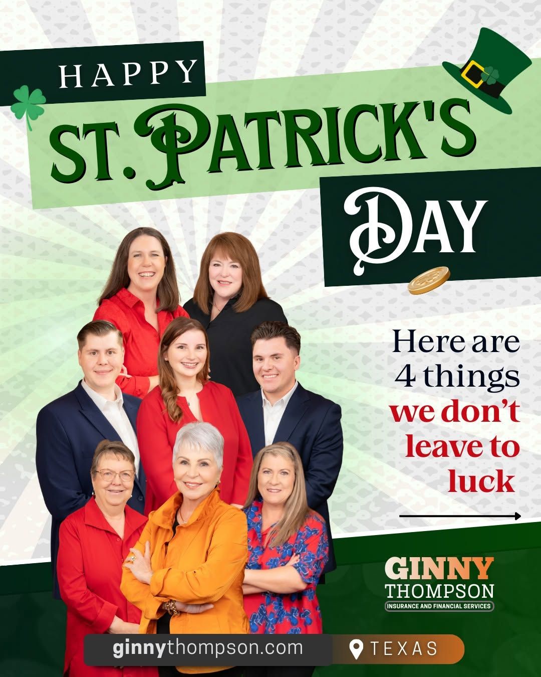 St. Patrick's Day social media post for Ginny Thompson State Farm agent featuring a team of eight professionals.
