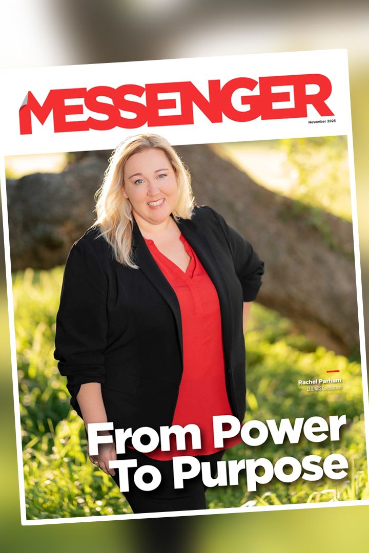 Messenger magazine cover featuring a businesswoman in red top and black blazer with headline From Power To Purpose.