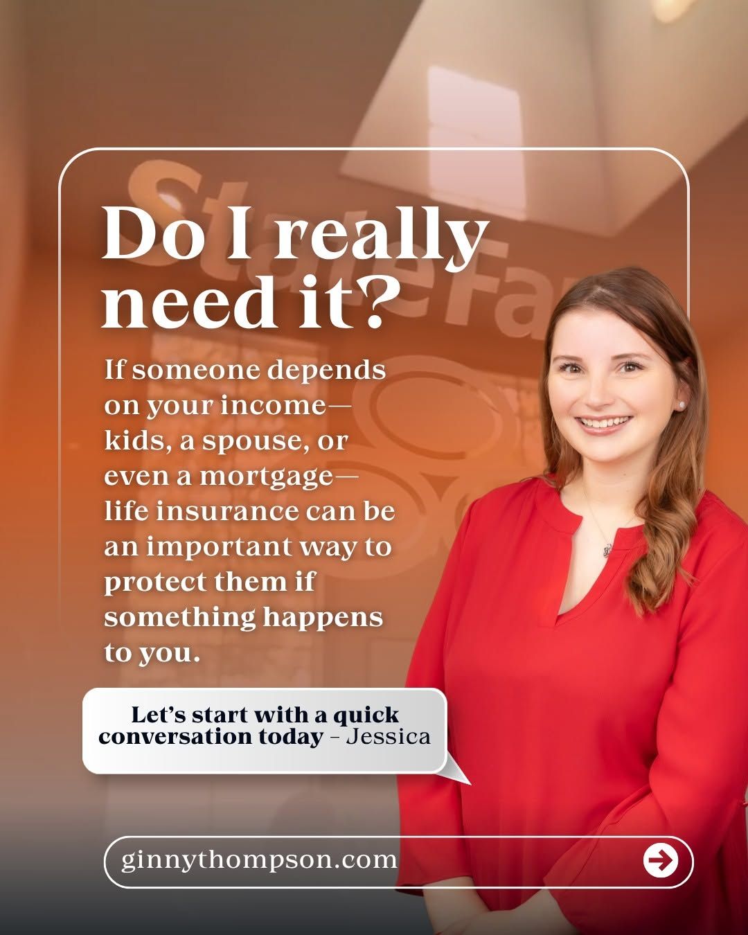 Life insurance agent Jennifer smiles in red, with text about protecting dependents with life insurance options.