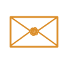 Gold outline icon of a sealed envelope with a circular stamp on a white background.