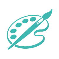 Teal icon of artist palette with paintbrush icon logo symbolizing art.
