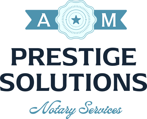 AM Prestige Solutions Notary Services logo with teal banner and star emblem on white background.