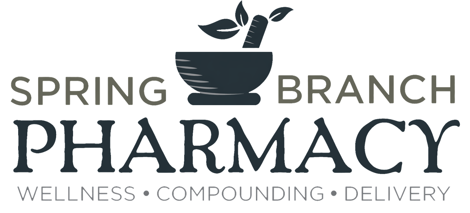 Spring Branch Pharmacy logo with mortar and pestle symbol and wellness compounding delivery tagline.