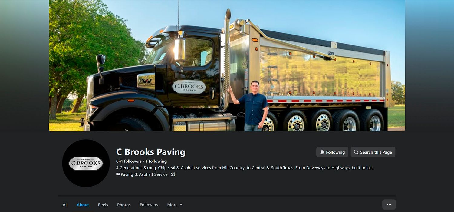 C Brooks Paving company Facebook page featuring a black truck logo and business profile for asphalt paving services.