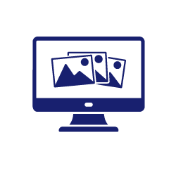 A navy blue icon of a desktop computer displaying multiple photos on screen.