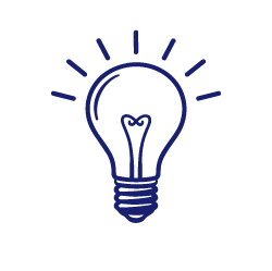 A navy blue lightbulb icon with rays radiating outward symbolizing a bright idea.