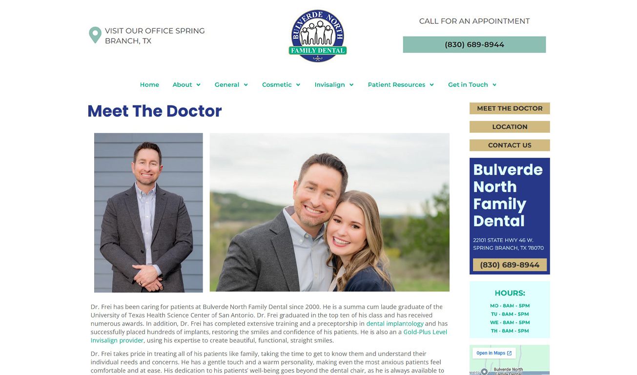 A smiling dentist and assistant pose together at Bulverde North Family Dental office in Spring Branch, TX.
