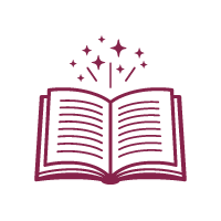 Maroon icon of an open book with magical sparkles rising from its pages, symbolizing creativity.