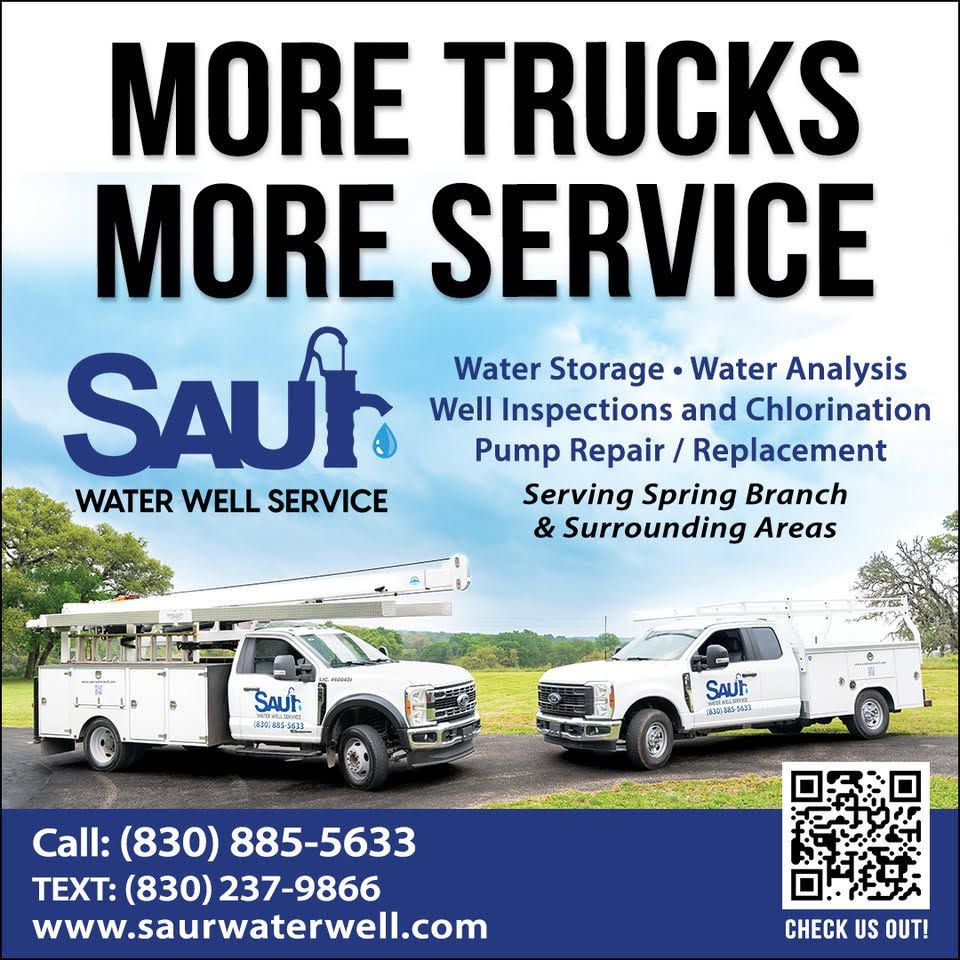 Saur Water Well Service trucks advertisement offering water storage, analysis, well inspections, pump repair in Spring Branch, TX.