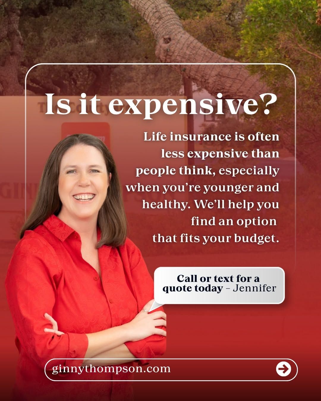 Life insurance agent Jennifer smiles in red, with text about affordable life insurance options.