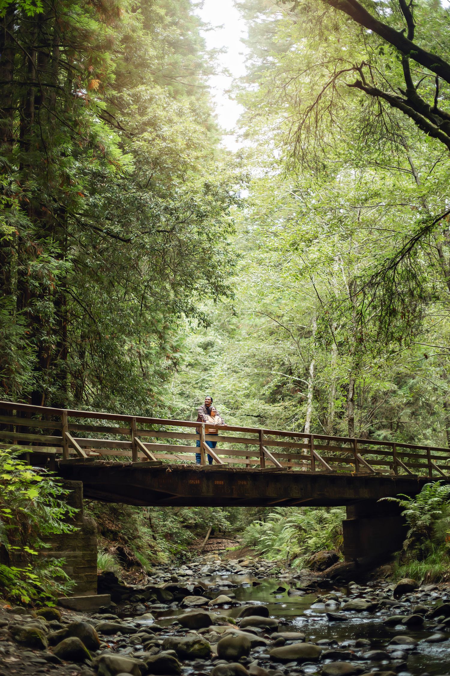 A couple in the Santa Cruz redwoods, captured in natural light with candid moments among towering trees and a peaceful forest session.