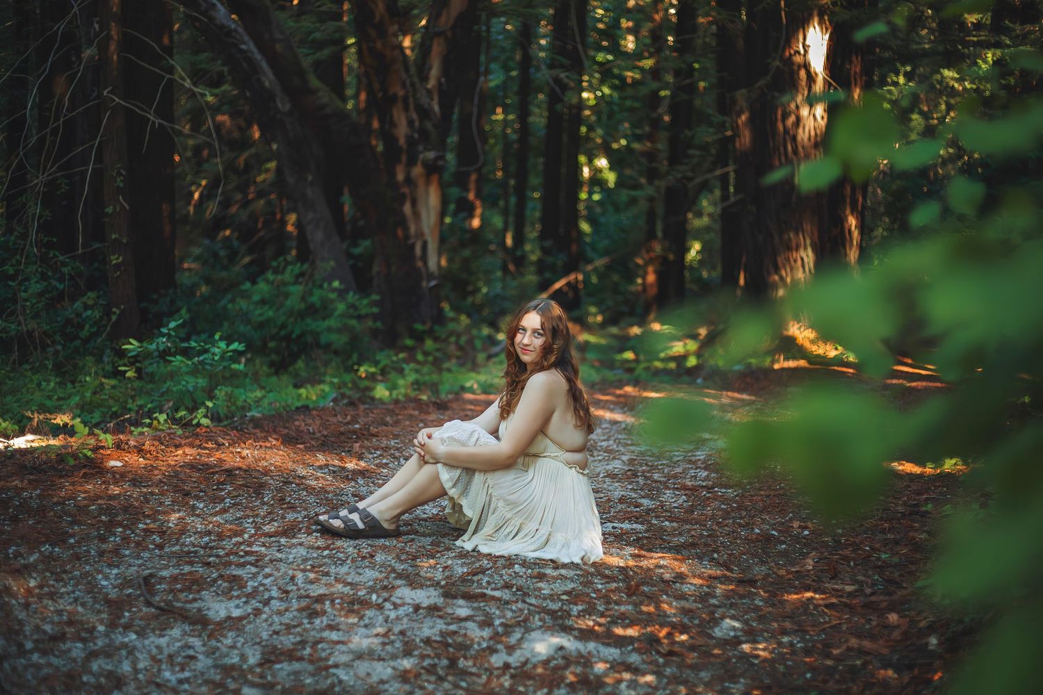 Senior in the Santa Cruz redwoods, captured in natural light with candid moments among towering trees and a peaceful forest session.