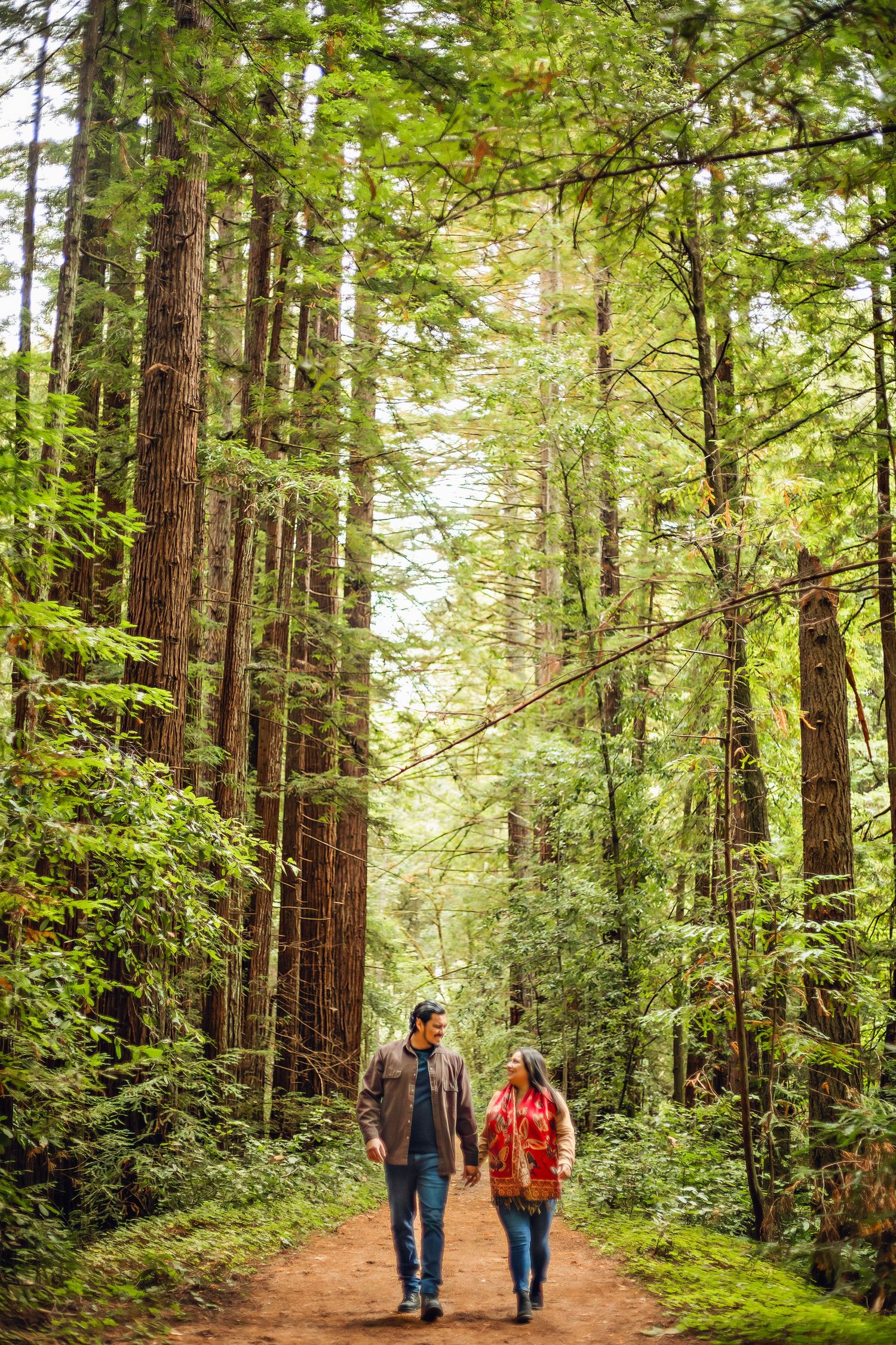 A couple in the Santa Cruz redwoods, captured in natural light with candid moments among towering trees and a peaceful forest session.