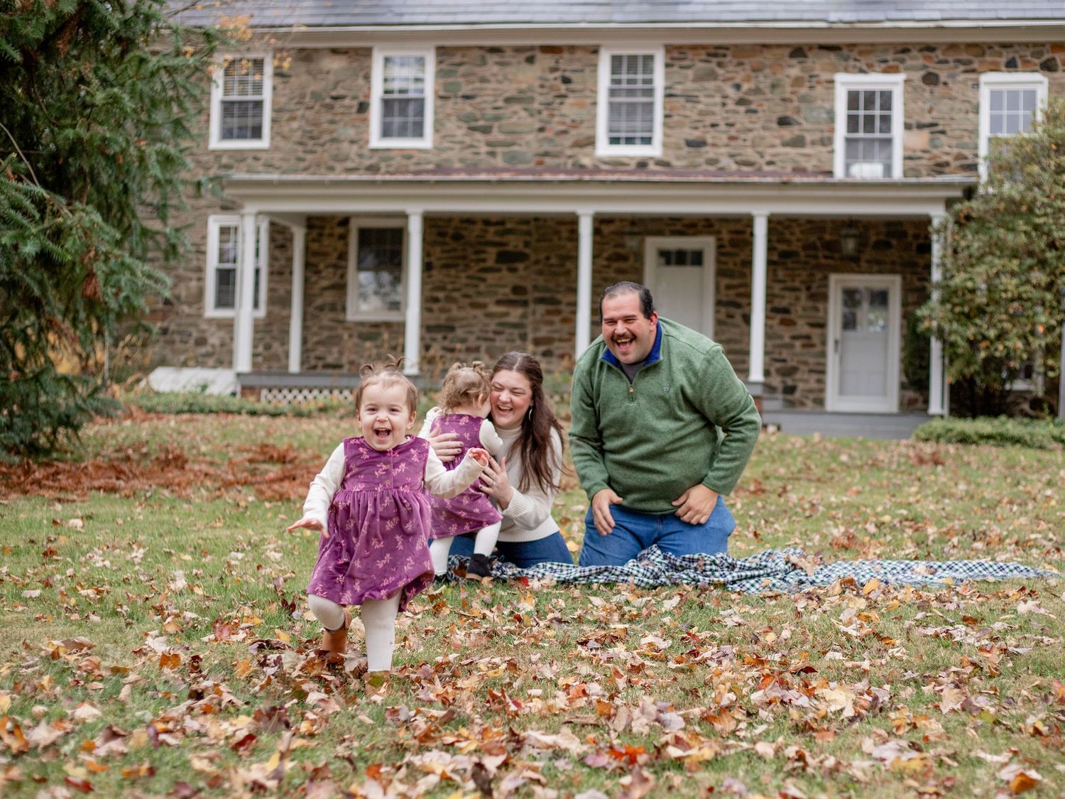 Family of four with twin girls during a family photo session in Harford County, MD