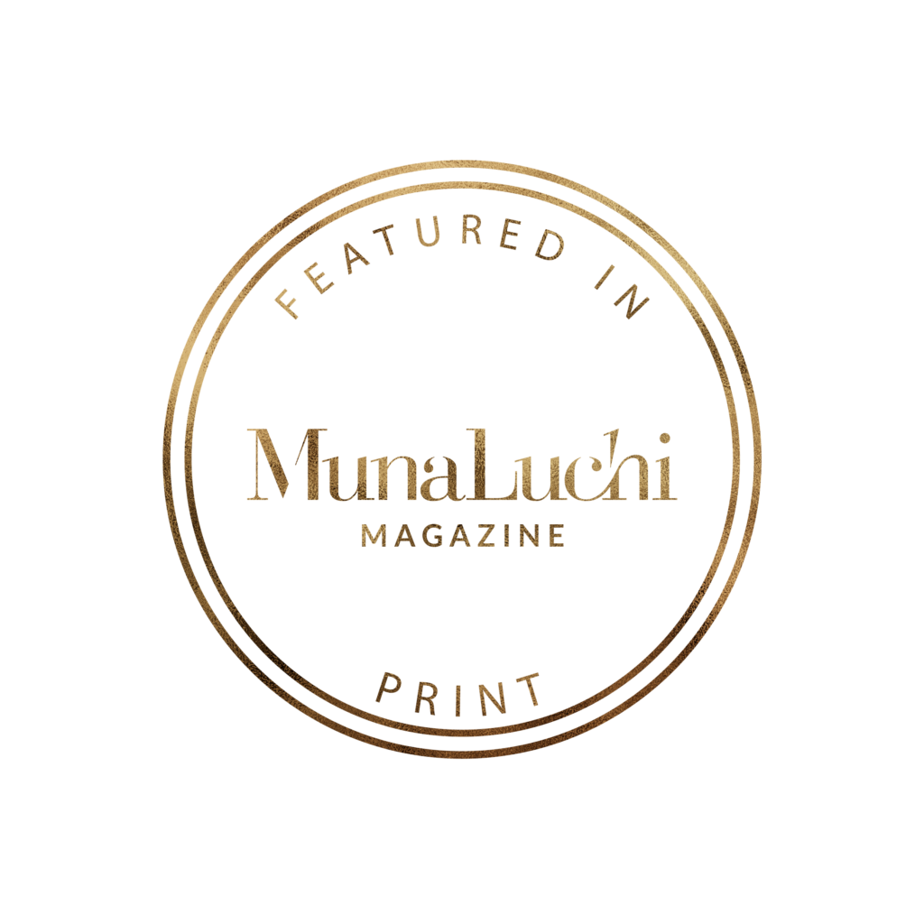 MunaLuchi Magazine Featured In Print gold circular badge logo.
