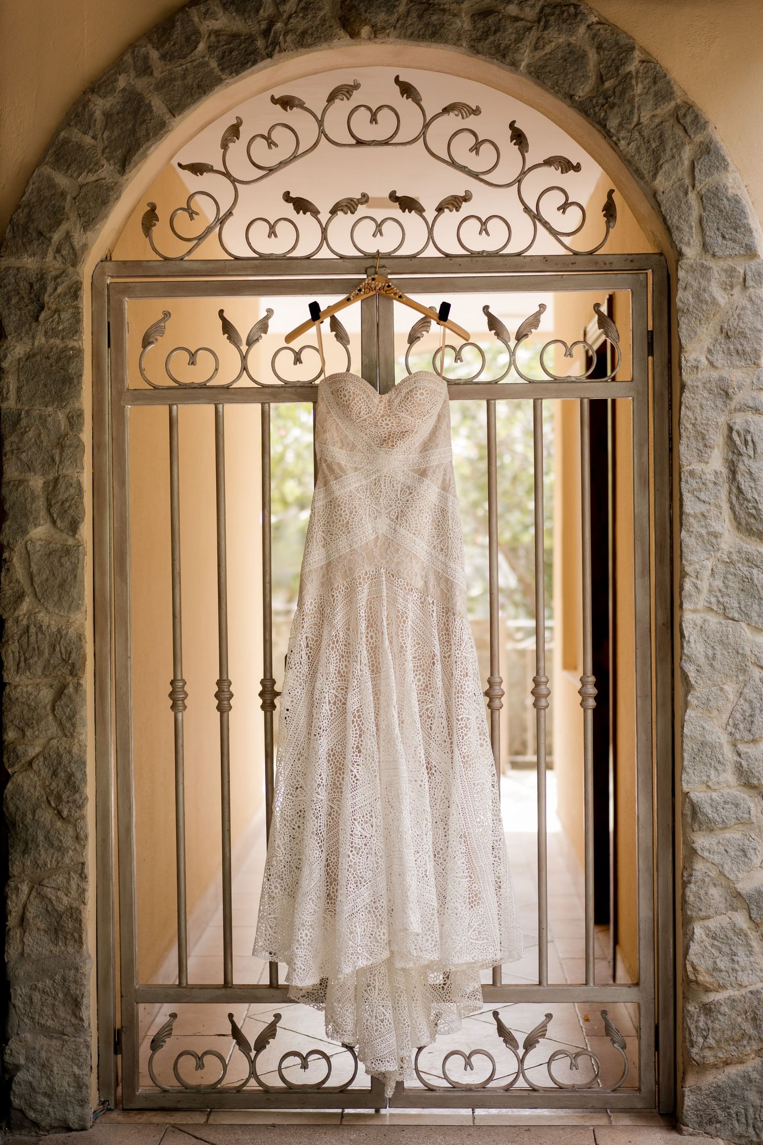 Designer wedding gown displayed at a luxury wedding venue in Guanacaste, Costa Rica before the ceremony.