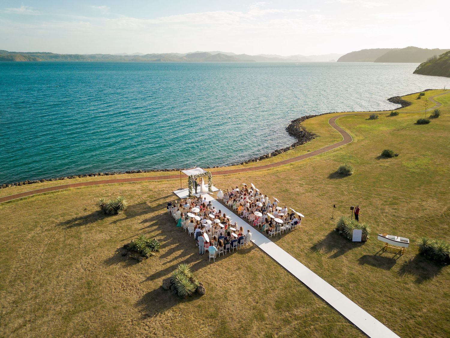 Aerial view of a luxury oceanfront wedding in Hotel Andaz overlooking the Pacific Ocean in Costa Rica.