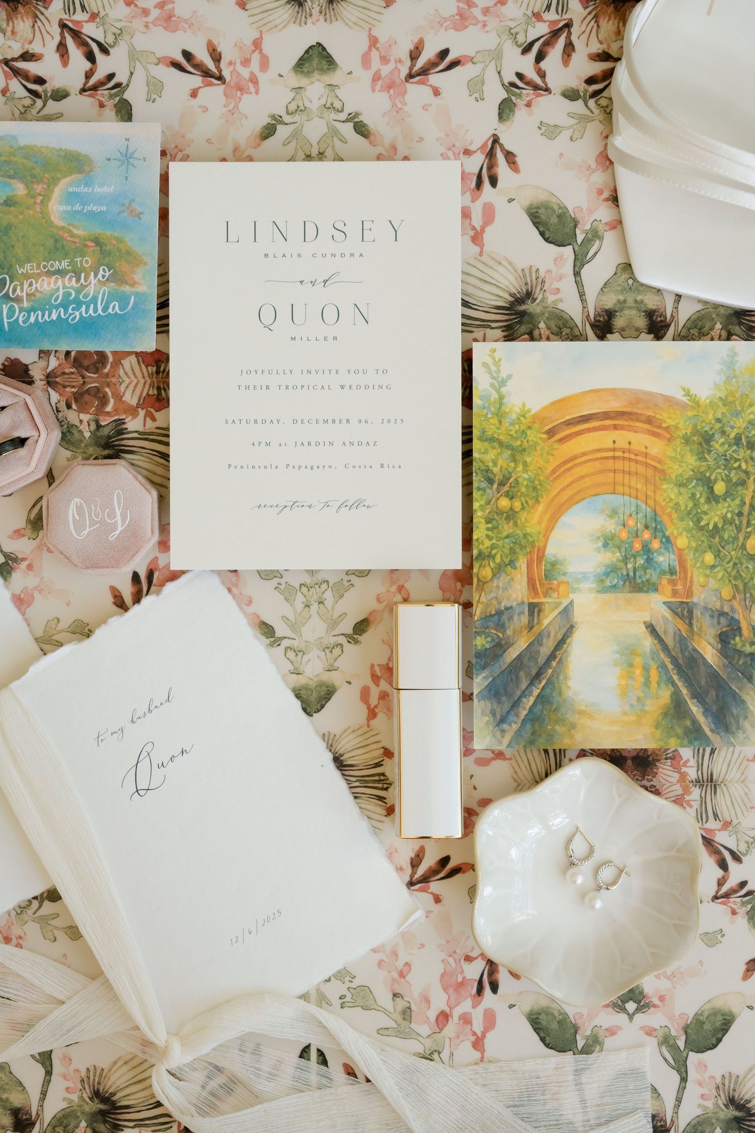 Luxury wedding invitation suite styled with heirloom details for a destination wedding in Guanacaste, Costa Rica.