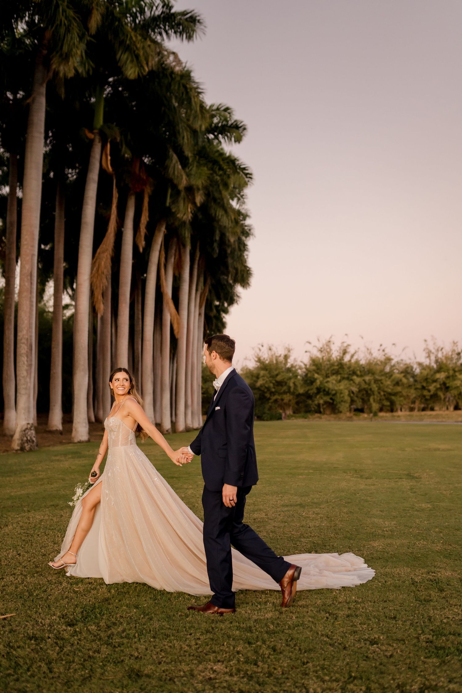 Fine art wedding portrait featuring sweeping bridal fashion framed by towering royal palm trees in Papagayo, Costa Rica.
