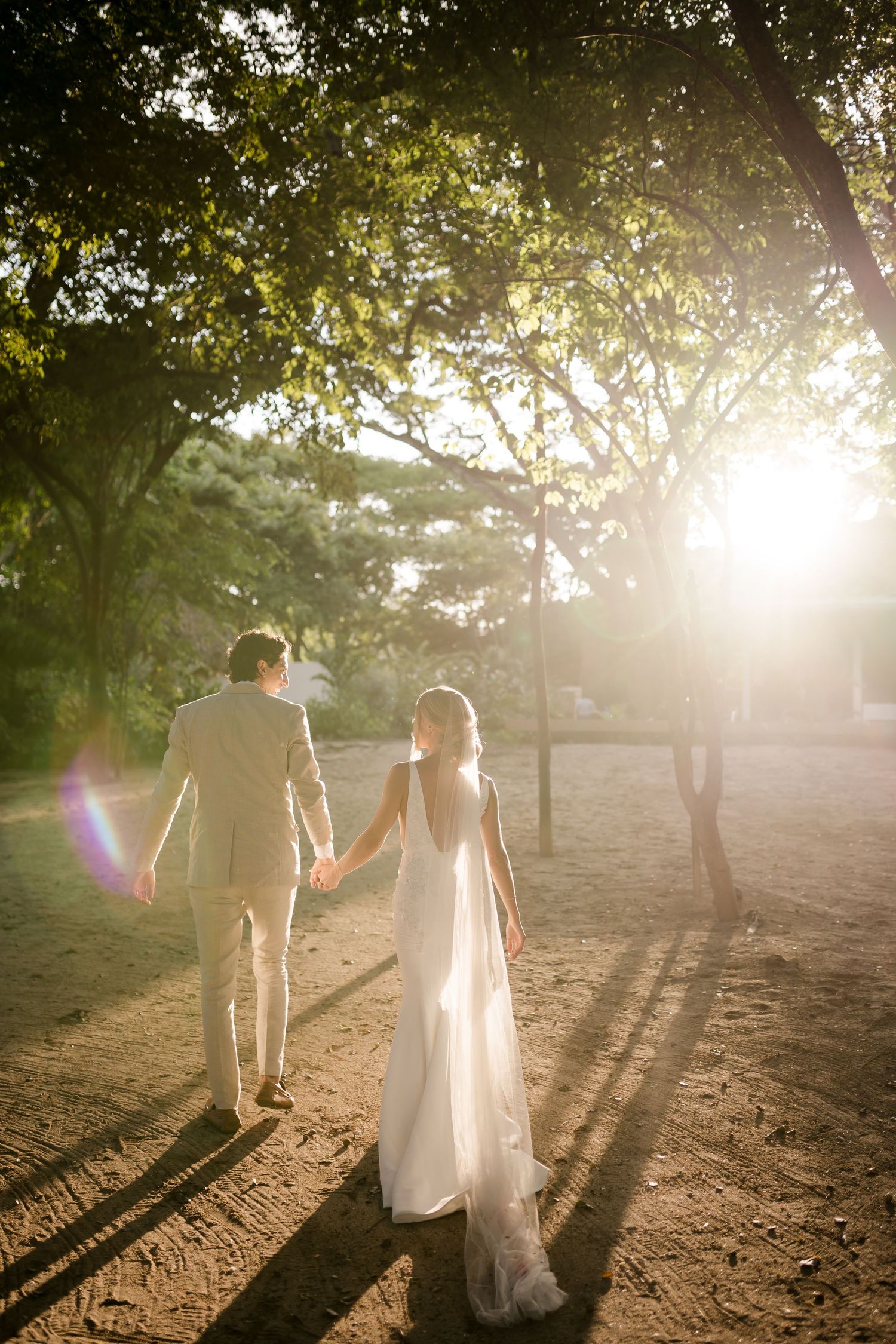 Newlyweds walking beneath towering tropical trees as golden sunlight filters through the landscape at the end of their wedding day.