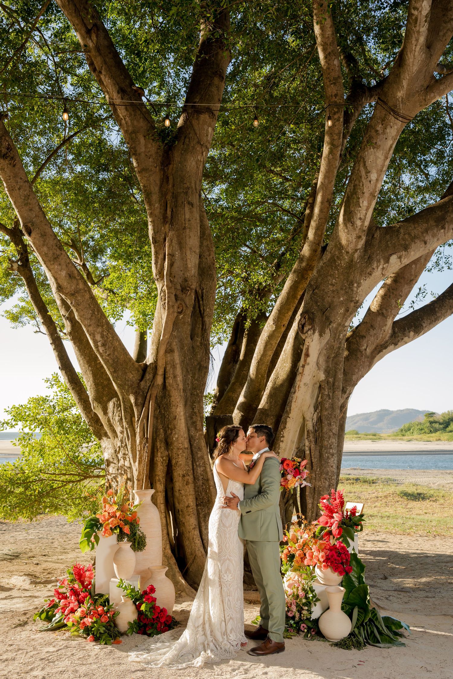 An intimate wedding ceremony unfolds beneath a magnificent tropical tree overlooking the Pacific coastline of Tamarindo, Costa Rica.