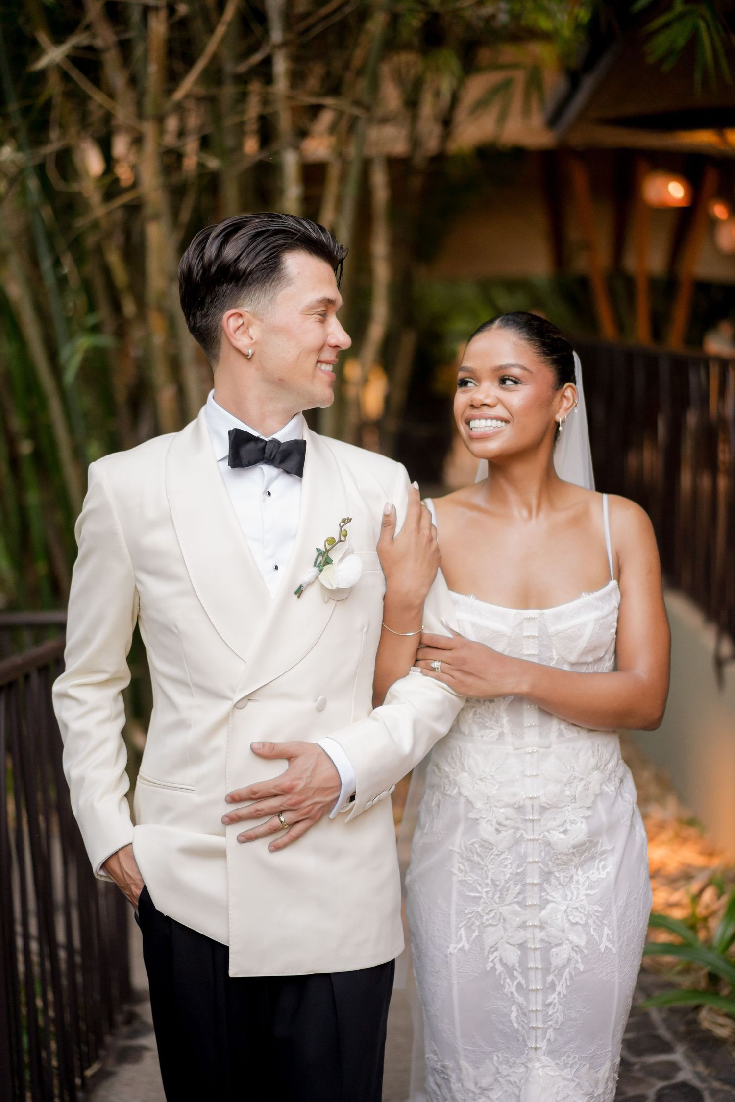 Elegant couple portrait highlighting modern groom fashion and effortless wedding day connection at a luxury tropical resort Andaz Costa Rica