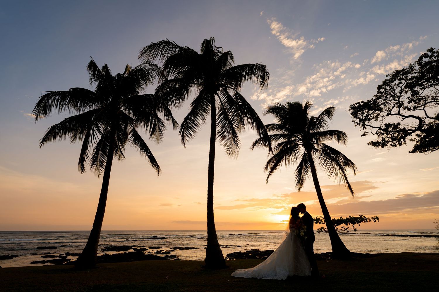 Bride and groom silhouetted beneath tropical palm trees during a sunset beach wedding in Hacienda Pinilla, Costa Rica.