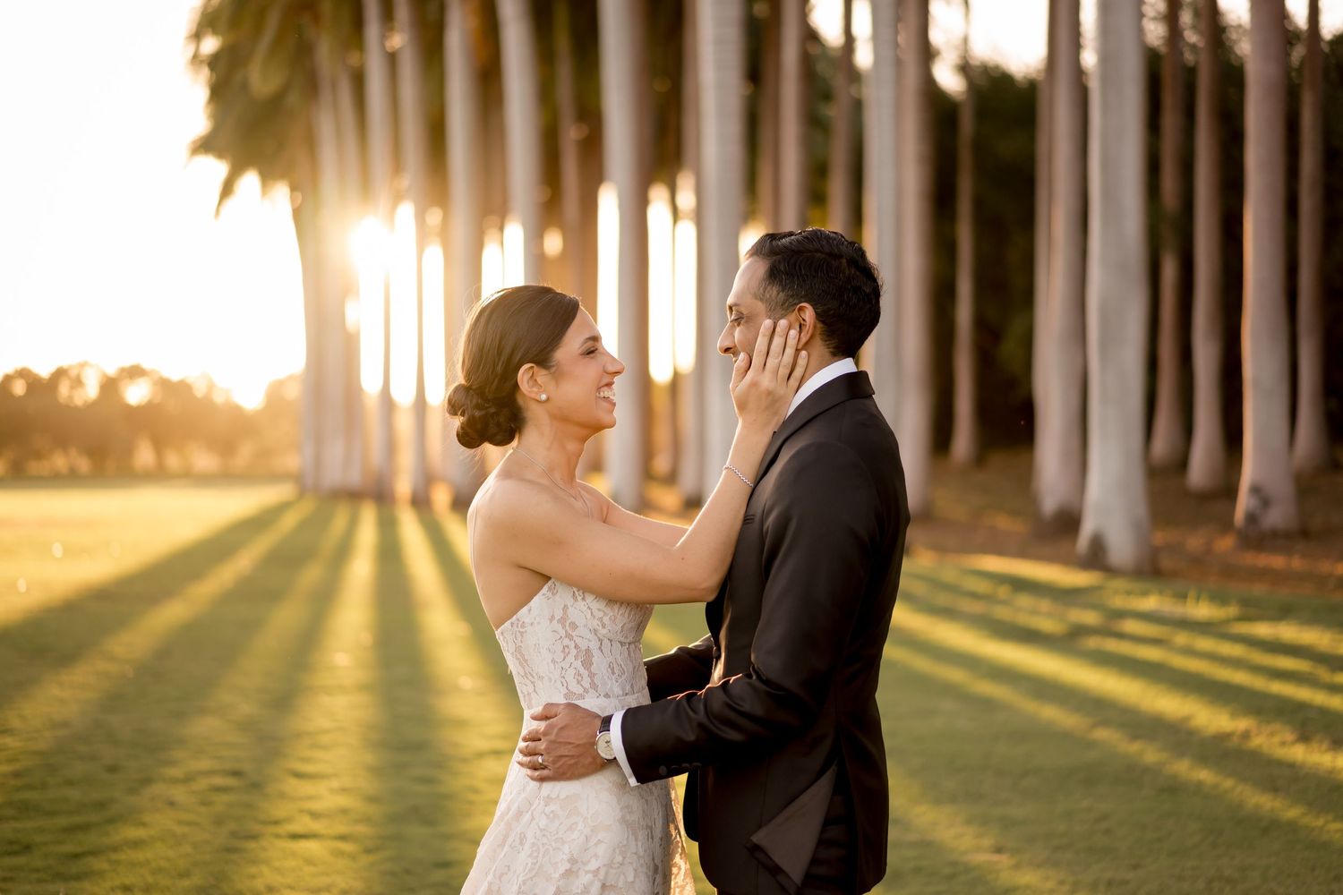 Bride and groom embracing beneath golden hour light during a luxury wedding portrait session in Papagayo, Costa Rica.