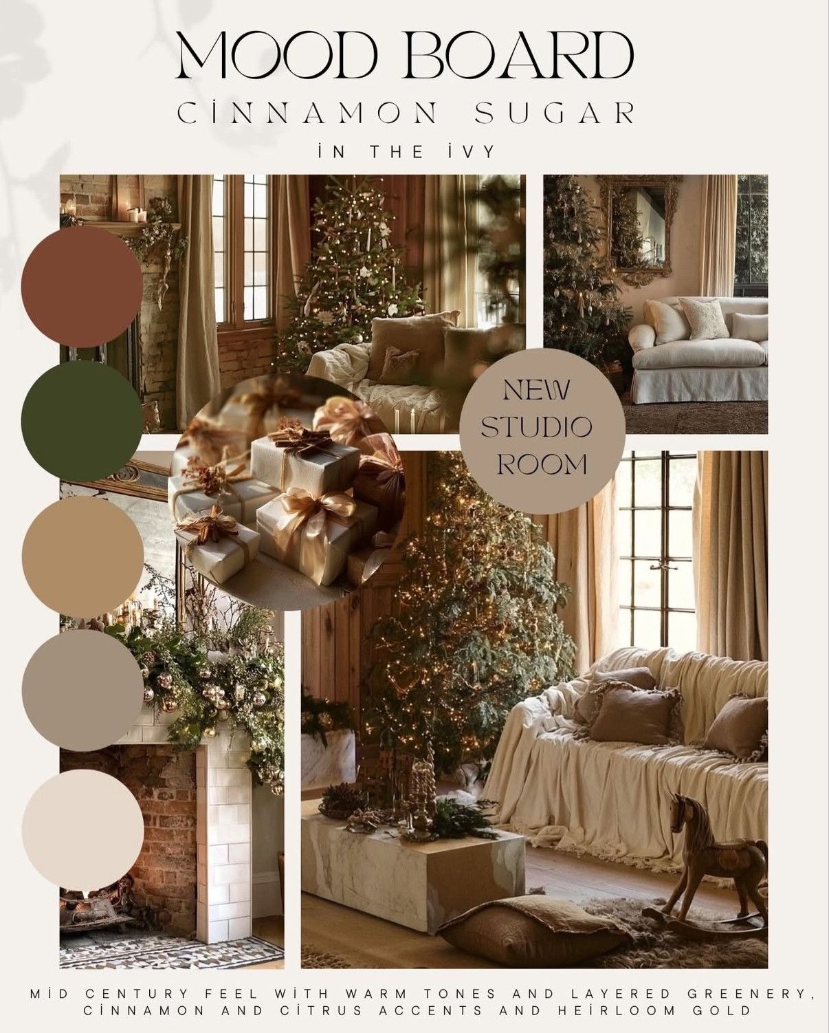 Cinnamon Sugar holiday mood board featuring warm tones, layered greenery, Christmas trees, and cozy mid-century styled rooms.