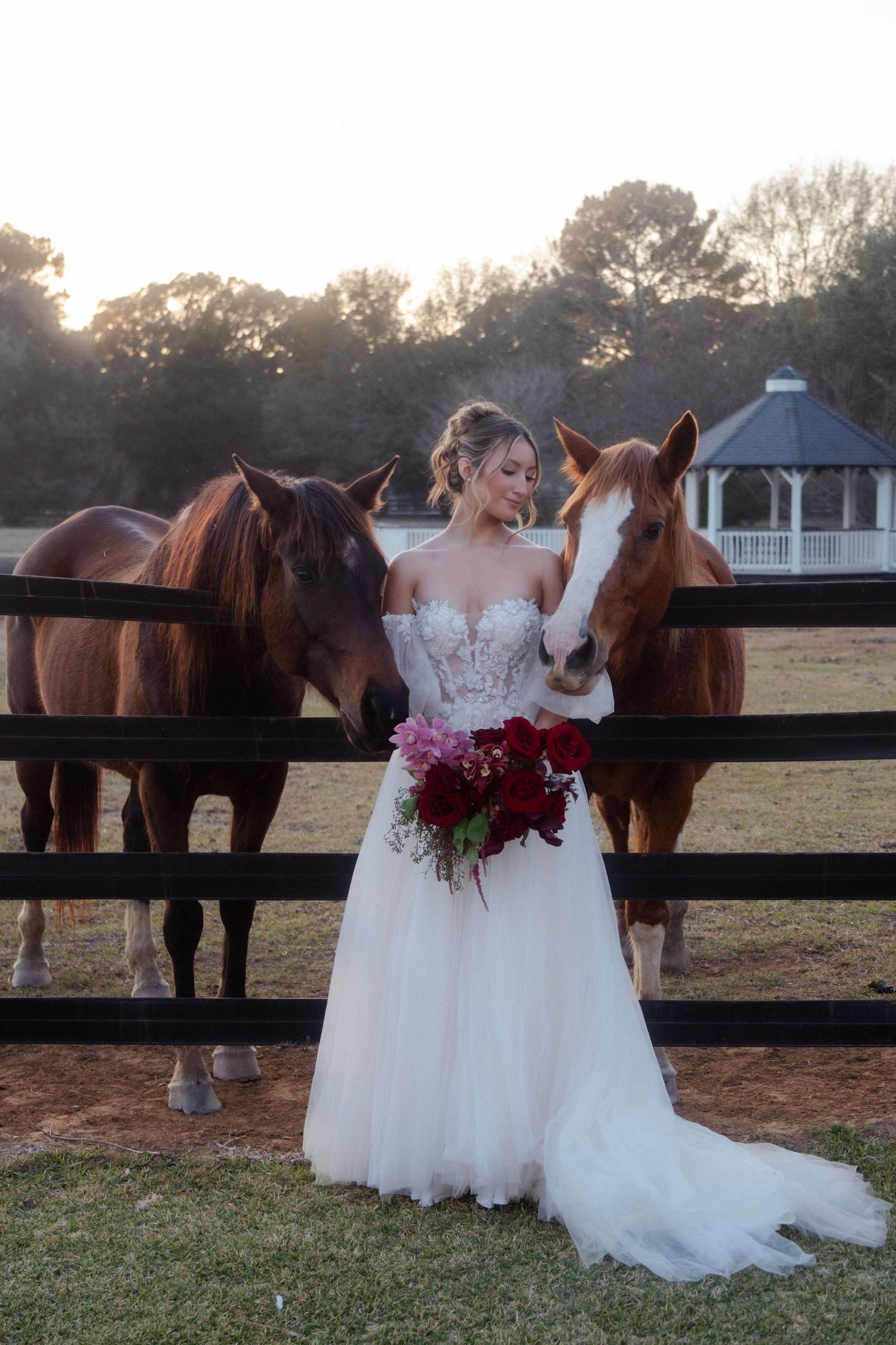 Bride in white off-shoulder gown holds red bouquet beside two chestnut horses at a wooden fence at sunset.