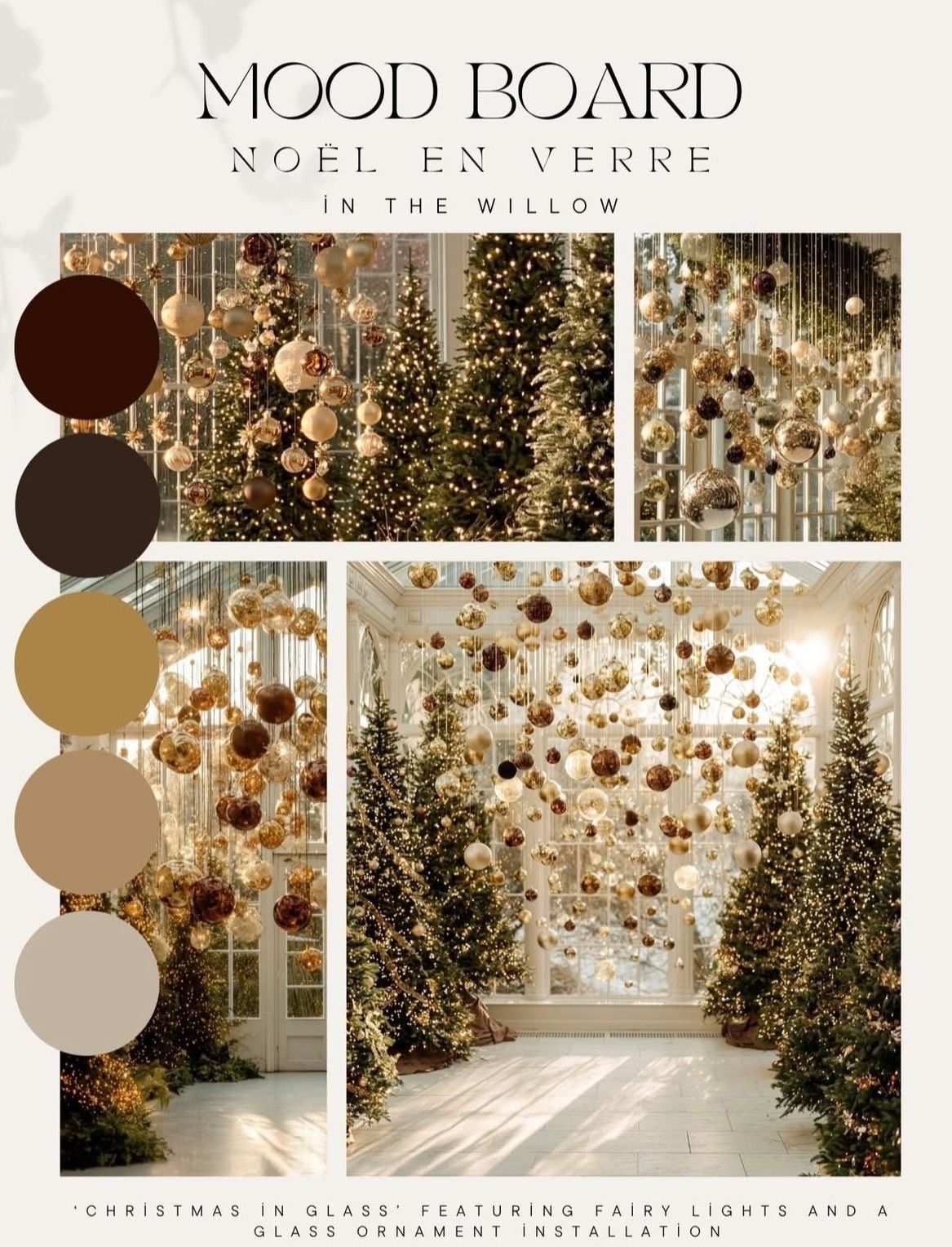 Elegant Christmas mood board featuring gold ornaments, fairy lights, and lush green trees in a glass-inspired holiday installation.