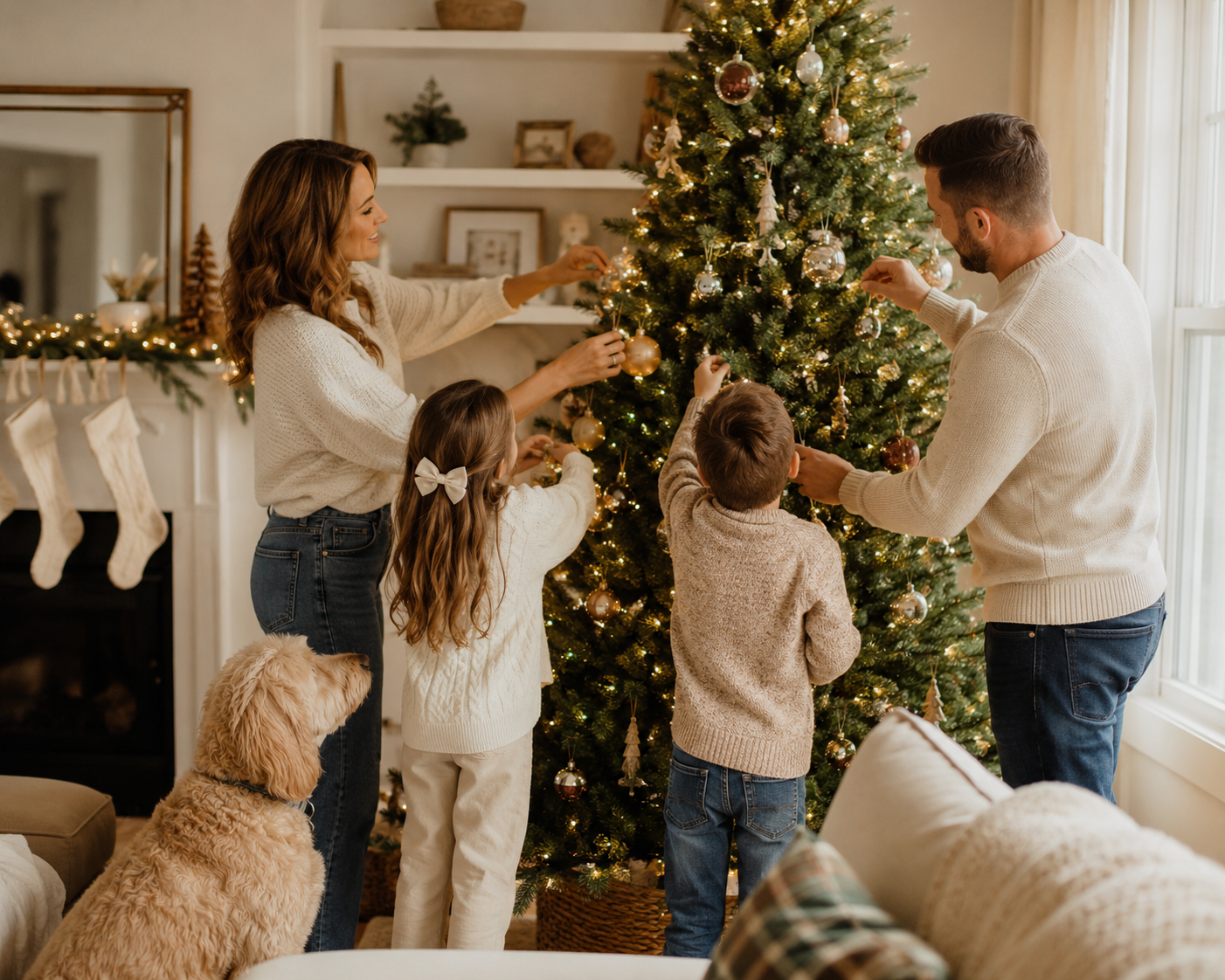 Family decorating a Christmas tree together in a cozy living room with stockings, lights, and a golden retriever nearby.