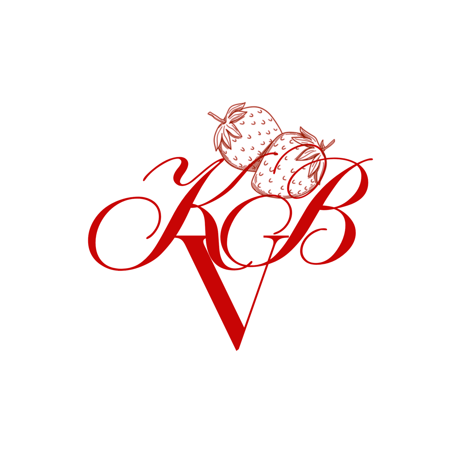 Elegant red script monogram logo with strawberry illustration for wedding brand KB Visuals.