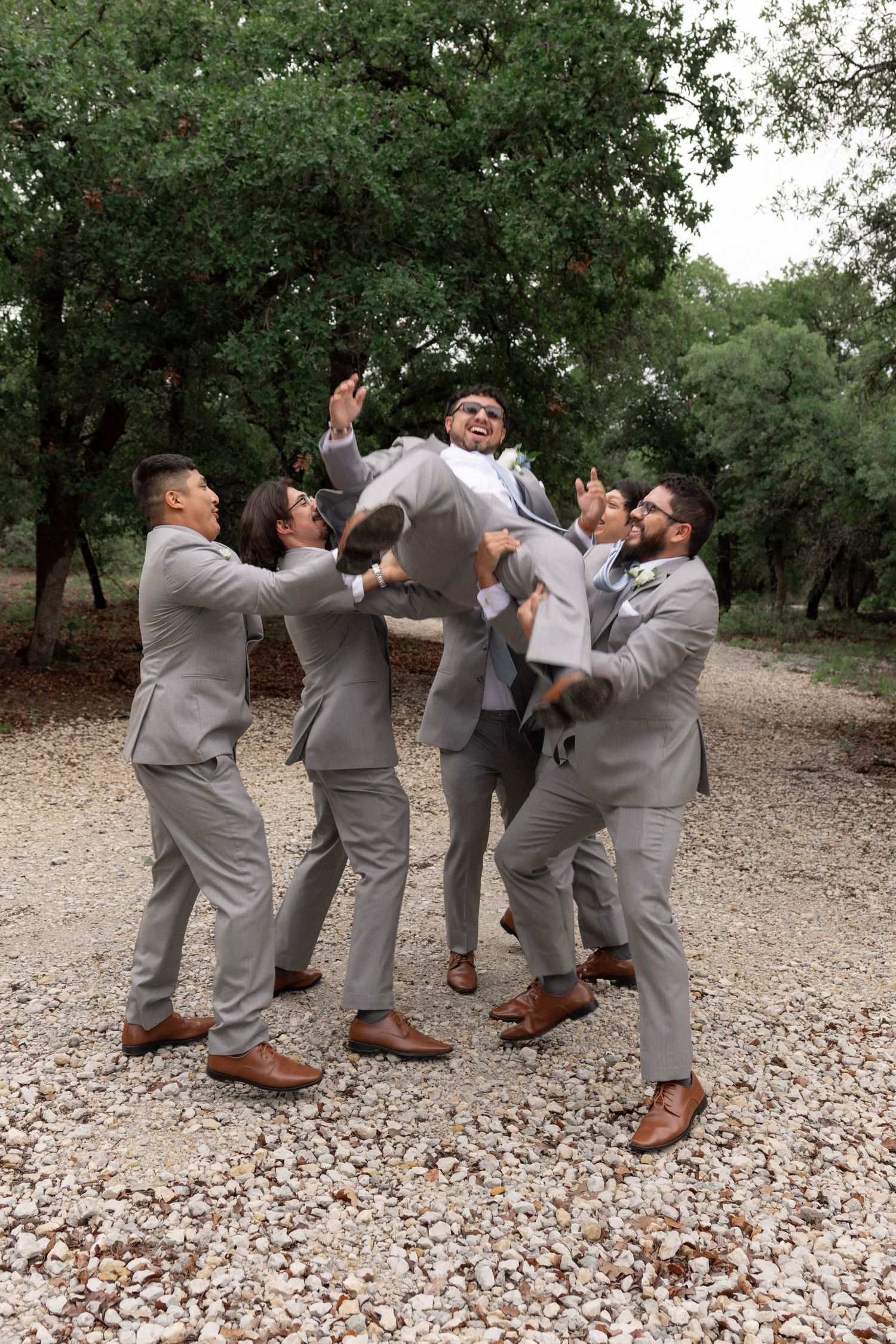 Groomsmen in gray suits playfully lift the groom outdoors on a gravel path surrounded by trees.