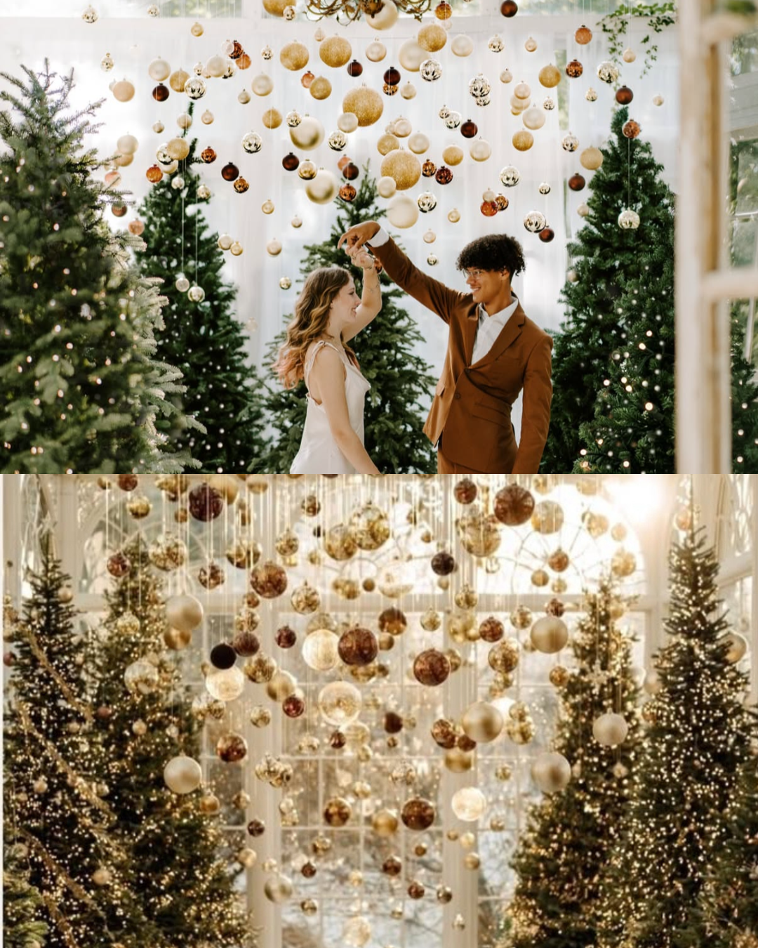 Couple dancing under hanging gold ornaments surrounded by Christmas trees in an elegant winter wedding setting.