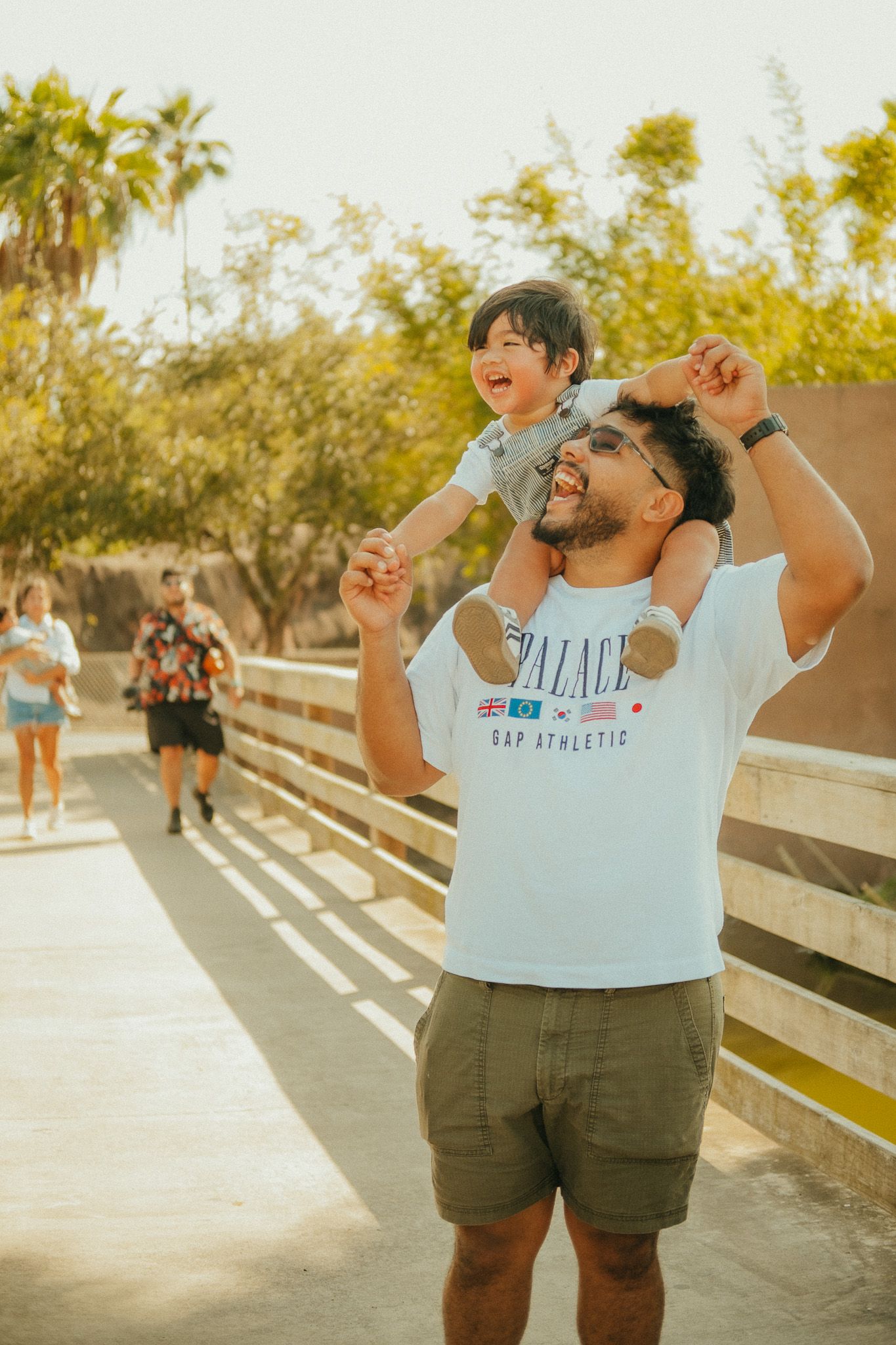 Happy father carries smiling toddler on shoulders on a sunny outdoor bridge.