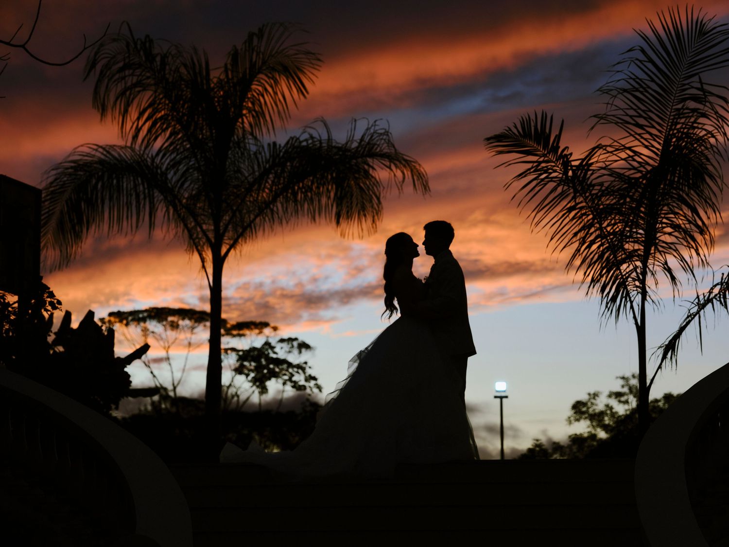 Romantic silhouette of bride and groom kissing under palm trees against a vivid orange sunset sky.